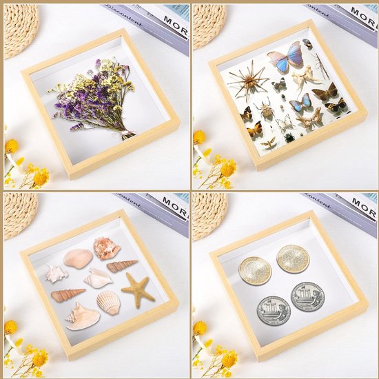 2 stuks 3D-fotolijsten diep, 20 x 20 cm, houten lijst voor foto's tot 3 cm, Vul vierkante lijsten voor decoraties, kaarten, bloemen, souvenirs, diamantfoto's - wit