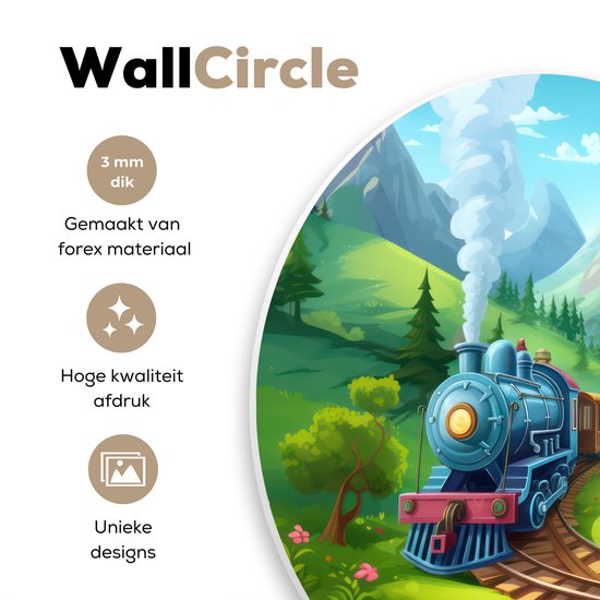 Gedetailleerde illustratie van een blauwe stoomtrein in een groen landschap, met tekst 'WallCircle'.