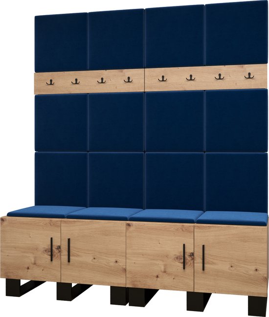 Garderobekast Ganggarderobe Compacte garderobe Vestibule Wandkast Plank Hal & Gang Kast Schoenenkast Gestoffeerde panelen en met een kussen - (BxHxD): 168x196x45,6 cm - ERNETST 3 - Artisan (Blauw (Manila 26))