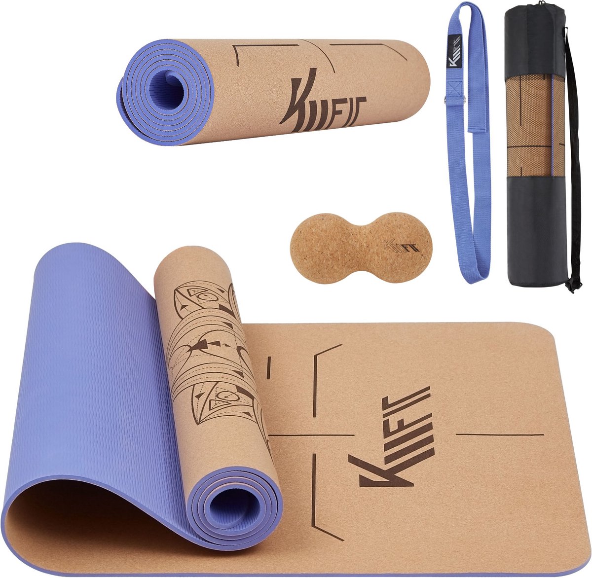 KM-Fit Yoga mat - Fitness mat - Sport mat - extra dik - anti slip - gemaakt van natuurrubber, TPE en katoen - Incl. yogariem & fascia duoball - Paars