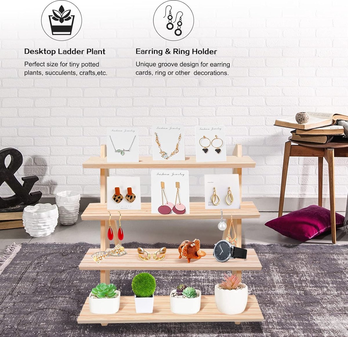 Forhandy Présentoir à Bijoux 3 Niveaux En Bois - Étagère Avec Rainures Pour Boucles D'oreilles & Bagues