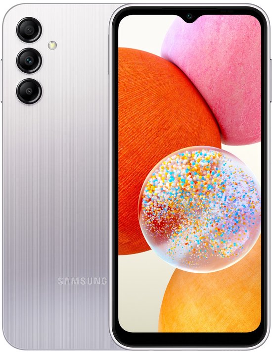 Samsung Galaxy A14 smartphone 128GB zilver, 6.6″ scherm, 50MP camera, 5000mAh batterij, NFC, dual sim, microSD slot
