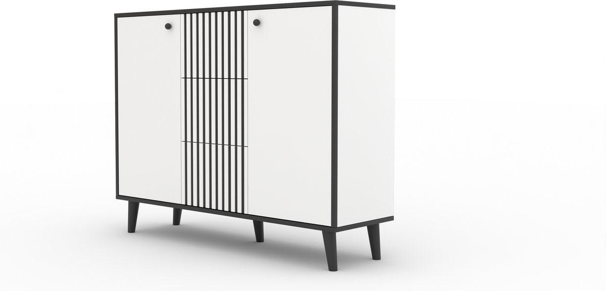 Maxi h FADI ladekast Hoge poten Drie lades Planken 120 cm Wit + Zwart