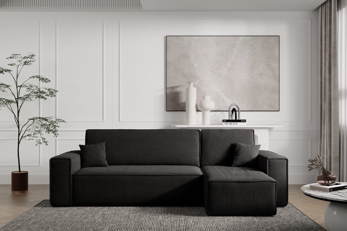 Hoekbank Carlos Zwart - Hoeksalon Met Bed en Opbergruimte Corduroy Ribstof -Karl hoekzetel Universele lounge links of rechts - Seatsandbeds