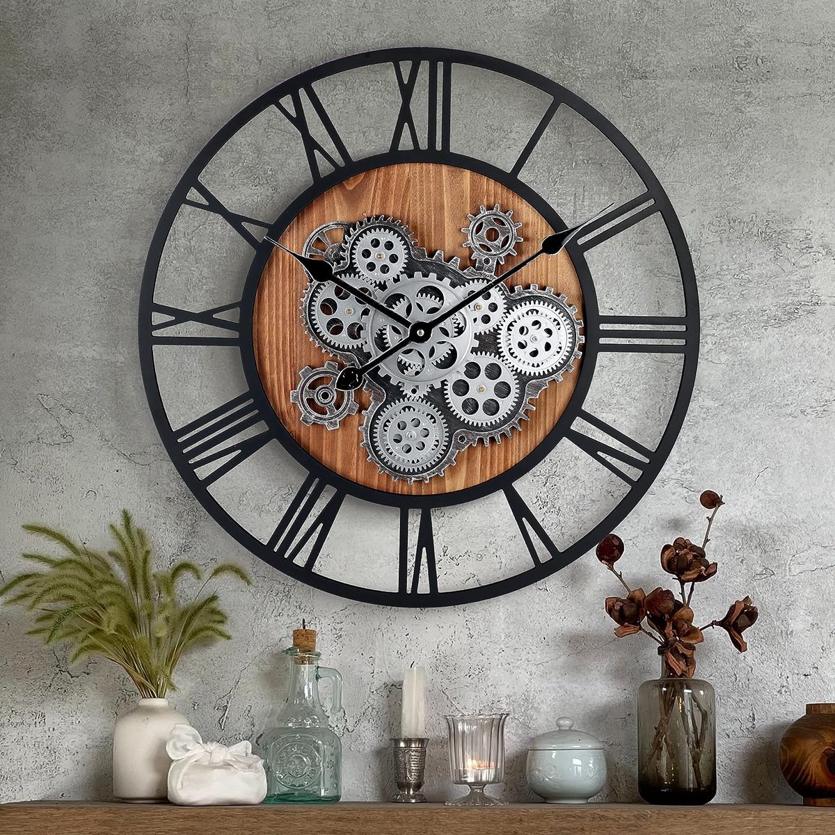 Houten Grote Industriele Zwarte Wandklok met Draaiende Tandwielen Rond 57 cm Romeinse Cijfers Decor Muurklok voor Woonkamer Slaapkamer Bar