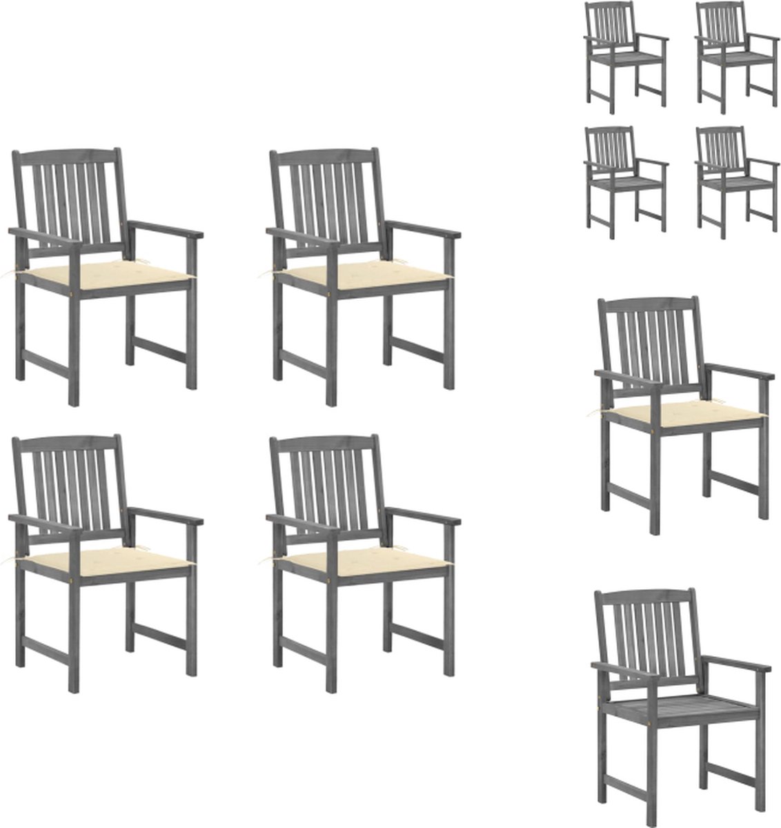 VidaXL Buitenstoelen Gelatte houten 61x57x92 cm Grijs Massief acaciahout 4x stoel + 4x zitkussen Tuinstoel