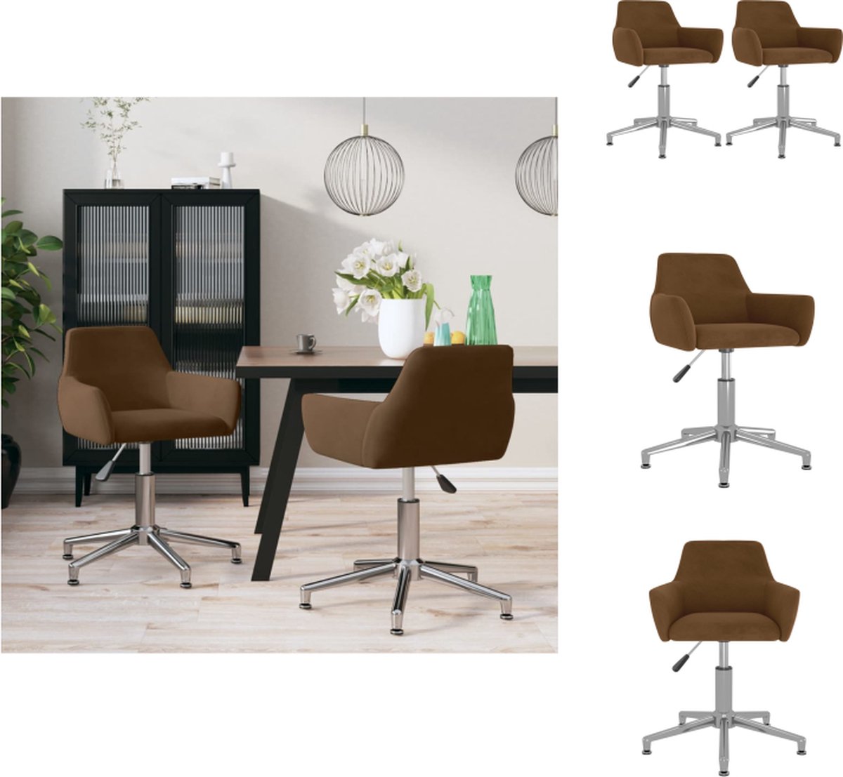 VidaXL Draaibare Eetstoelen Bruin Fluweel 51 x 52 cm Verchroomd Staal en Multiplex Eetkamerstoel