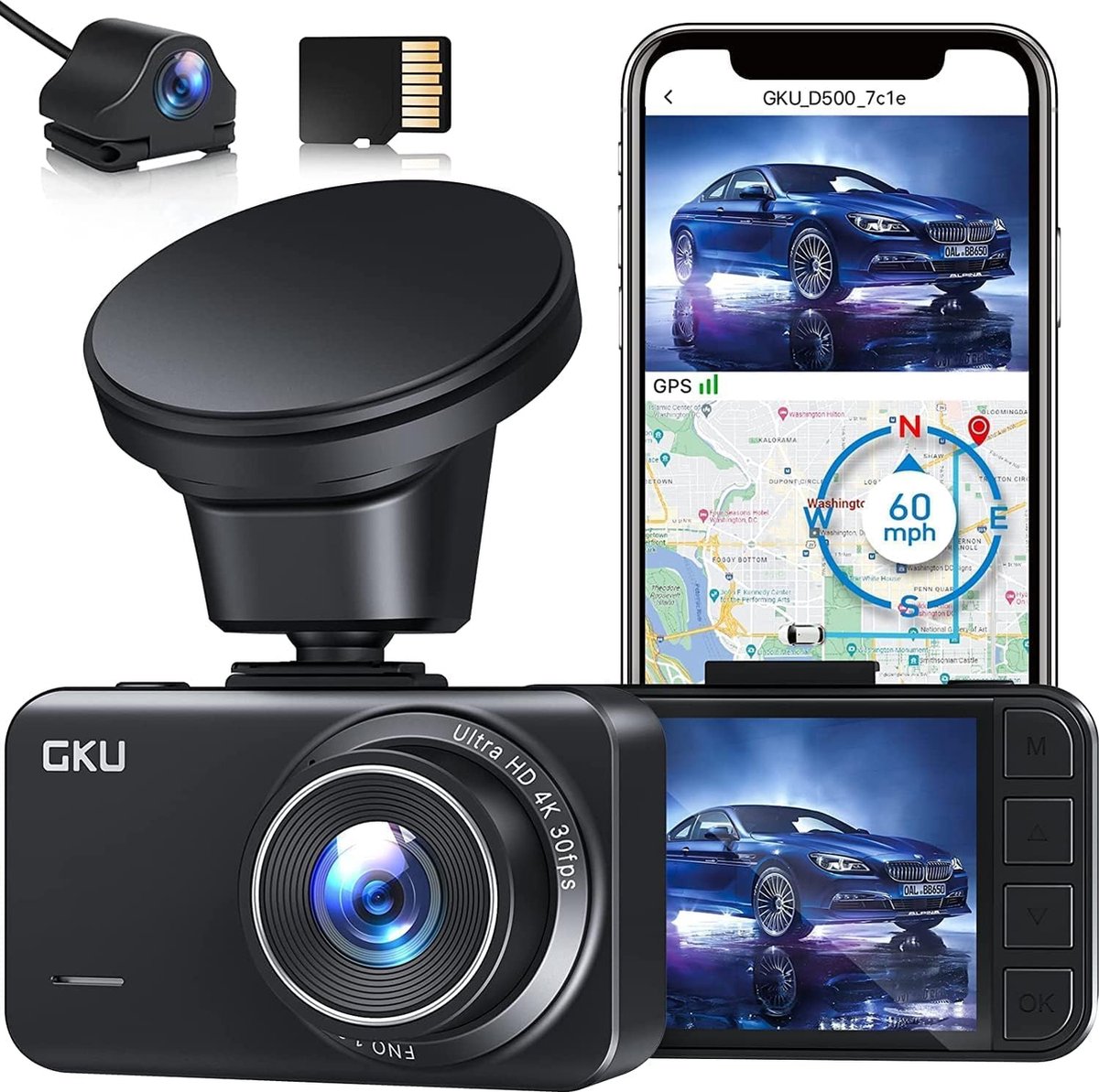 Caméra de tableau de bord GKU 4K pour la voiture