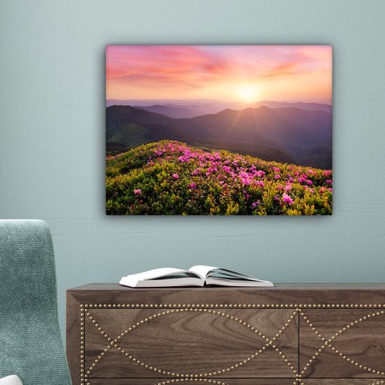 Peinture sur toile Fleurs - Berg - Coucher de soleil - Paysage - 40x30 cm - Décoration murale