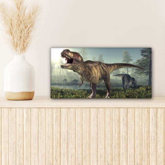 Toile Peinture Dino - Herbe - Dessin - 40x20 cm - Décoration murale