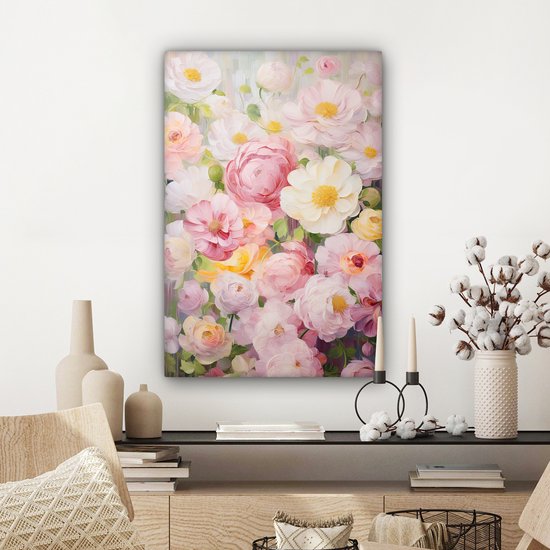 Canvas Schilderij Bloemen - Roze - Botanisch - Kunst - Acrylverf - 40x60 cm - Wanddecoratie