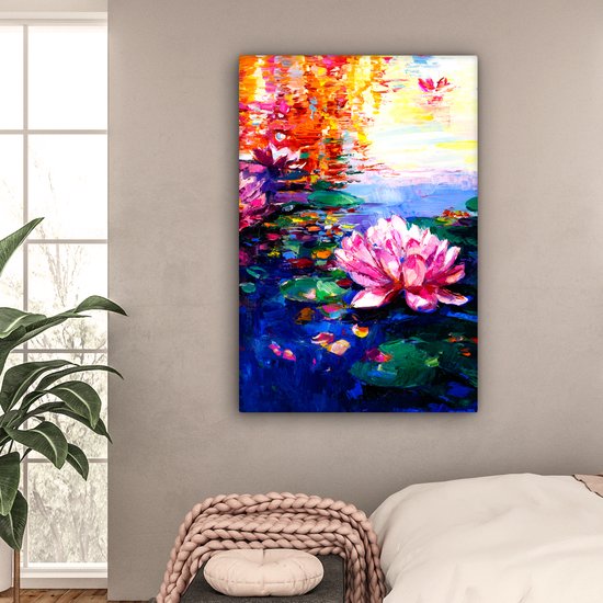 Toile - Peinture à l'huile - Fleurs - Water - Lys - Soleil - 80x120 cm - Décoration murale