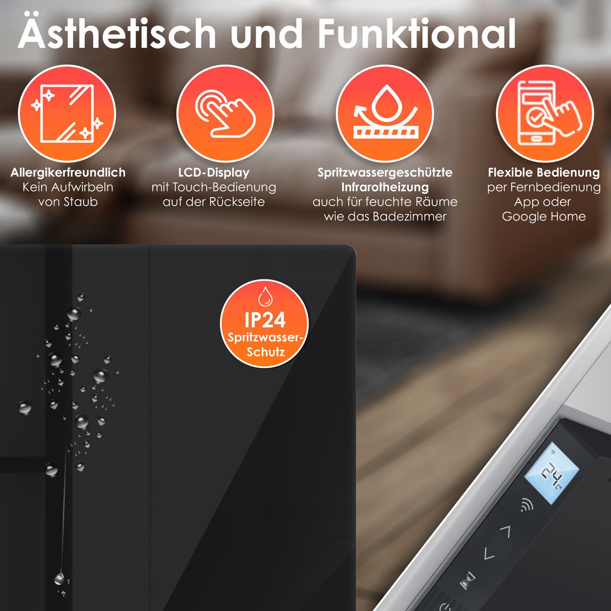KESSER® Infrarood Kachel 600W Elektrische Verwarmingspaneel - Infraroodverwarming Energiebesparing 2-in-1 Staande & Muurmontage Verwarming met Thermostat + open raam detectie + Afstandsbediening & APP-bediening - Zwart – foto 2