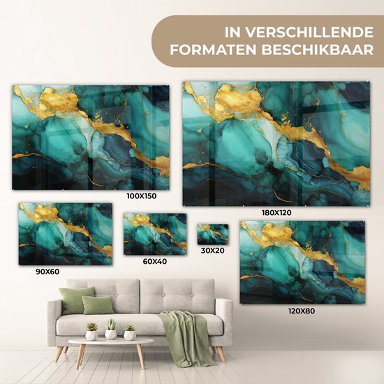 MuchoWow® Peinture sur verre 120x80 cm - Peinture sur verre - Marbre - Or - Blauw vert - Abstrait - Turquoise - Photo sur verre acrylique - Peintures