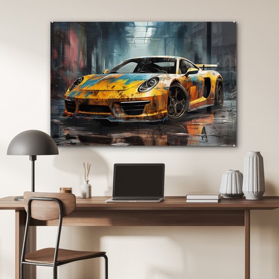 MuchoWow® Glasschilderij 120x80 cm - Schilderij acrylglas - Auto - Geel - Verf - Abstract - Foto op glas - Muurdecoratie woonkamer - Wanddecoratie slaapkamer - Schilderijen