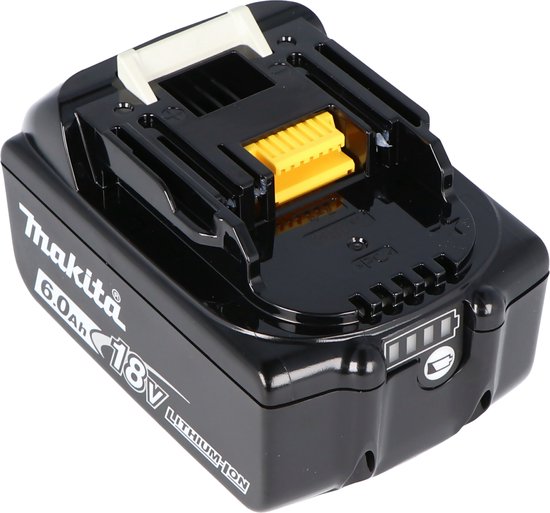 Zwarte Makita 18V 6.0Ah lithium-ion accu met gele connector, witte ontgrendelingsknop en batterij indicator.