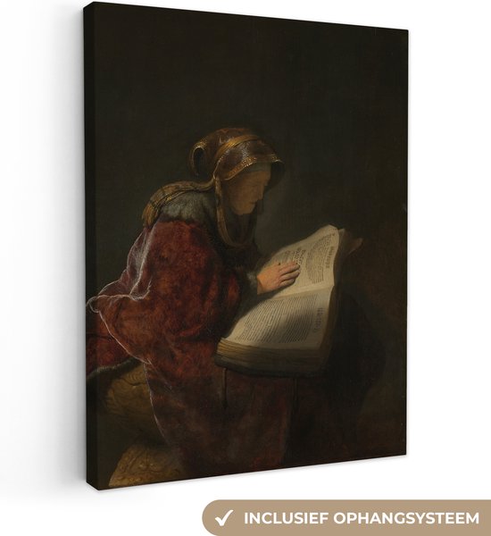 Canvas Schilderij Oude lezende vrouw waarschijnlijk de profetes Hanna - Rembrandt van Rijn - 90x120 cm - Wanddecoratie