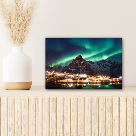 Aurores boréales au-dessus d'un village en Norvège toile 2cm 30x20 cm - petit - Tirage photo sur toile (Décoration murale salon / chambre) / phénomènes naturels Peintures sur toile