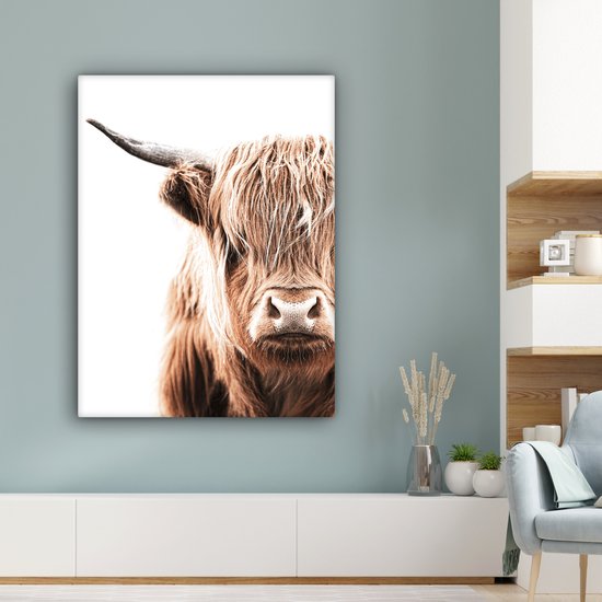 Canvas Schilderij Schotse hooglander - Koe - Wit - 90x120 cm - Wanddecoratie