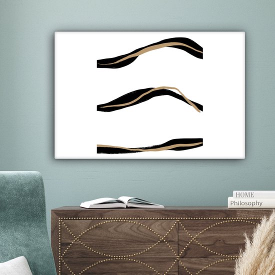 Canvas met drie abstracte, golvende lijnen in het zwart en goud op een witte achtergrond.