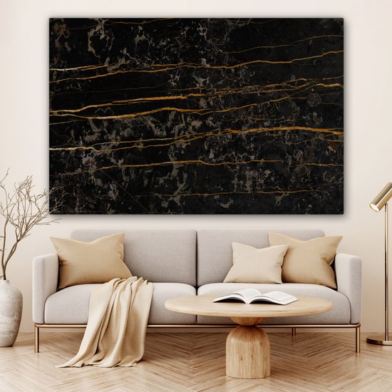 Canvas schilderij 150x100 cm - Wanddecoratie Marmer - Zwart - Goud - Ader - Muurdecoratie woonkamer - Slaapkamer decoratie - Kamer accessoires - Schilderijen op canvas