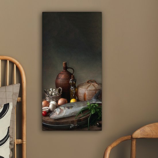 Peinture sur toile rustique - Poisson - Nature morte - Légumes - Herbes - 40x80 cm - Décoration murale