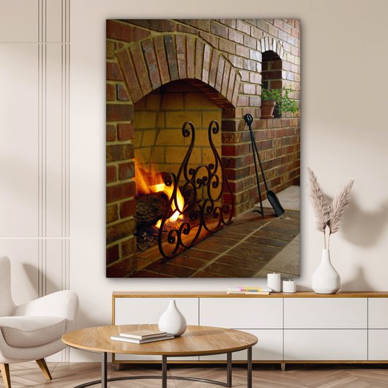 Feu dans une cheminée 120x160 cm - Tirage photo sur toile (Décoration murale salon / chambre) XXL / Grand format!