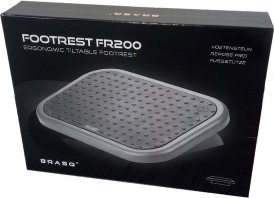 Voetensteun FR200 op de verpakking, met de tekst 'FOOTREST FR200 ERGONOMIC TILTABLE FOOTREST'.
