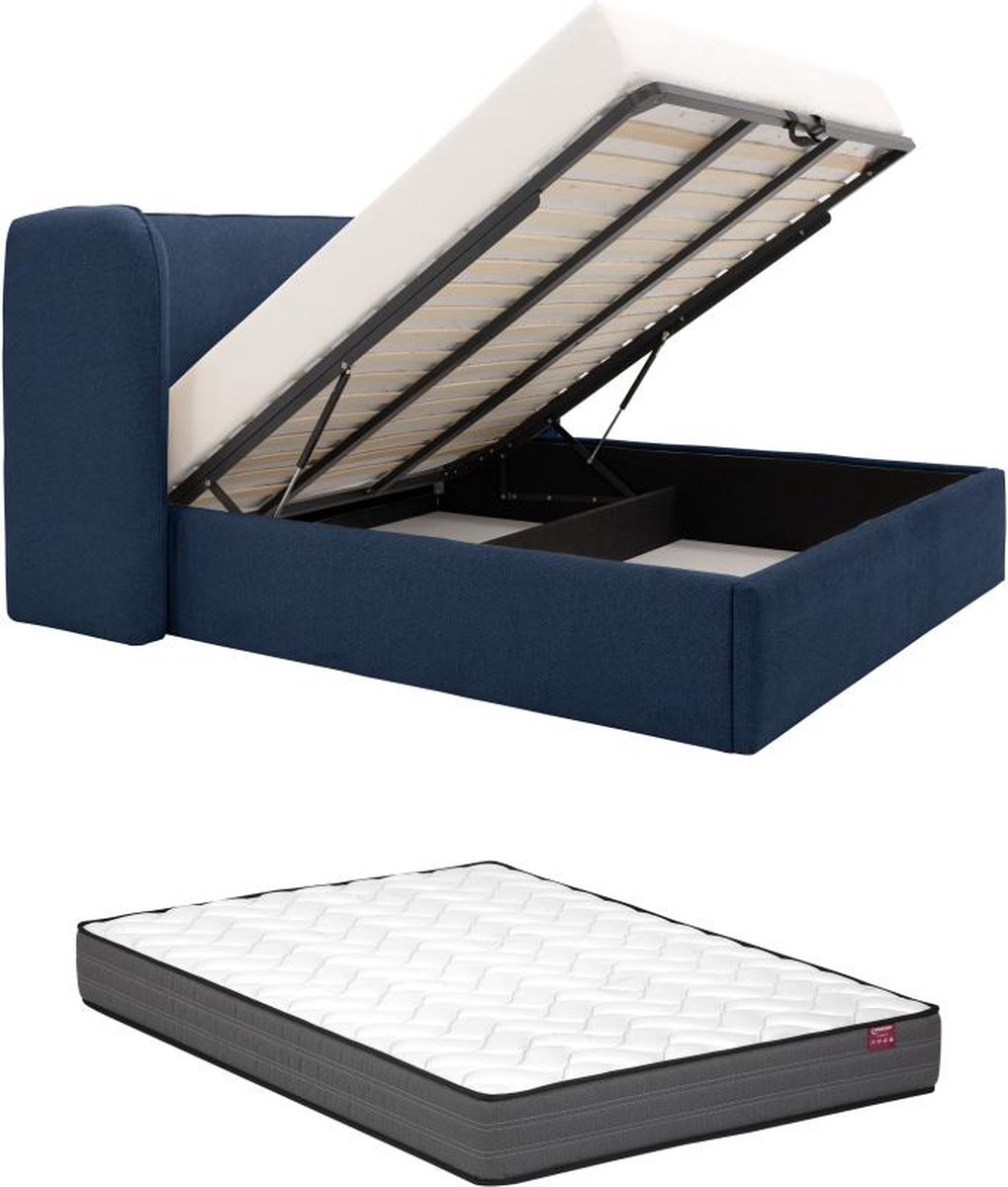 Bed met opbergruimte 180 x 200 cm met ingekeept hoofdbord Met ledverlichting Stof Blauw + matras STOKALI L 215 cm x H 113 cm x D 215 cm