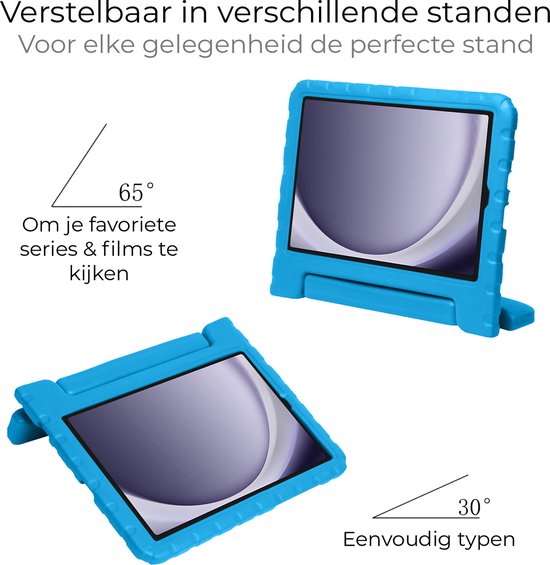Blauw tablethoesje in staande modus, 65 graden voor films, 30 graden om te typen.