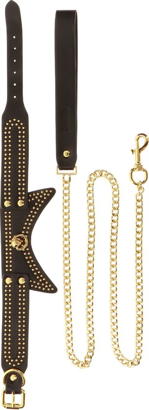 Zwarte taboom kraag met gouden studs en ketting, met gouden clip.