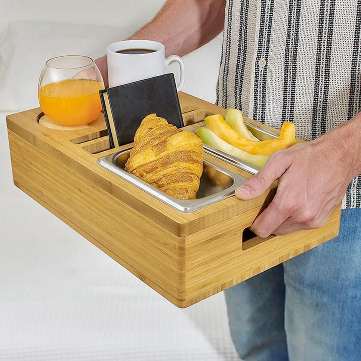 WELDUN Boîte à Goûter 2 En 1 En Bambou Avec 2 Bols à Collation En Acier
