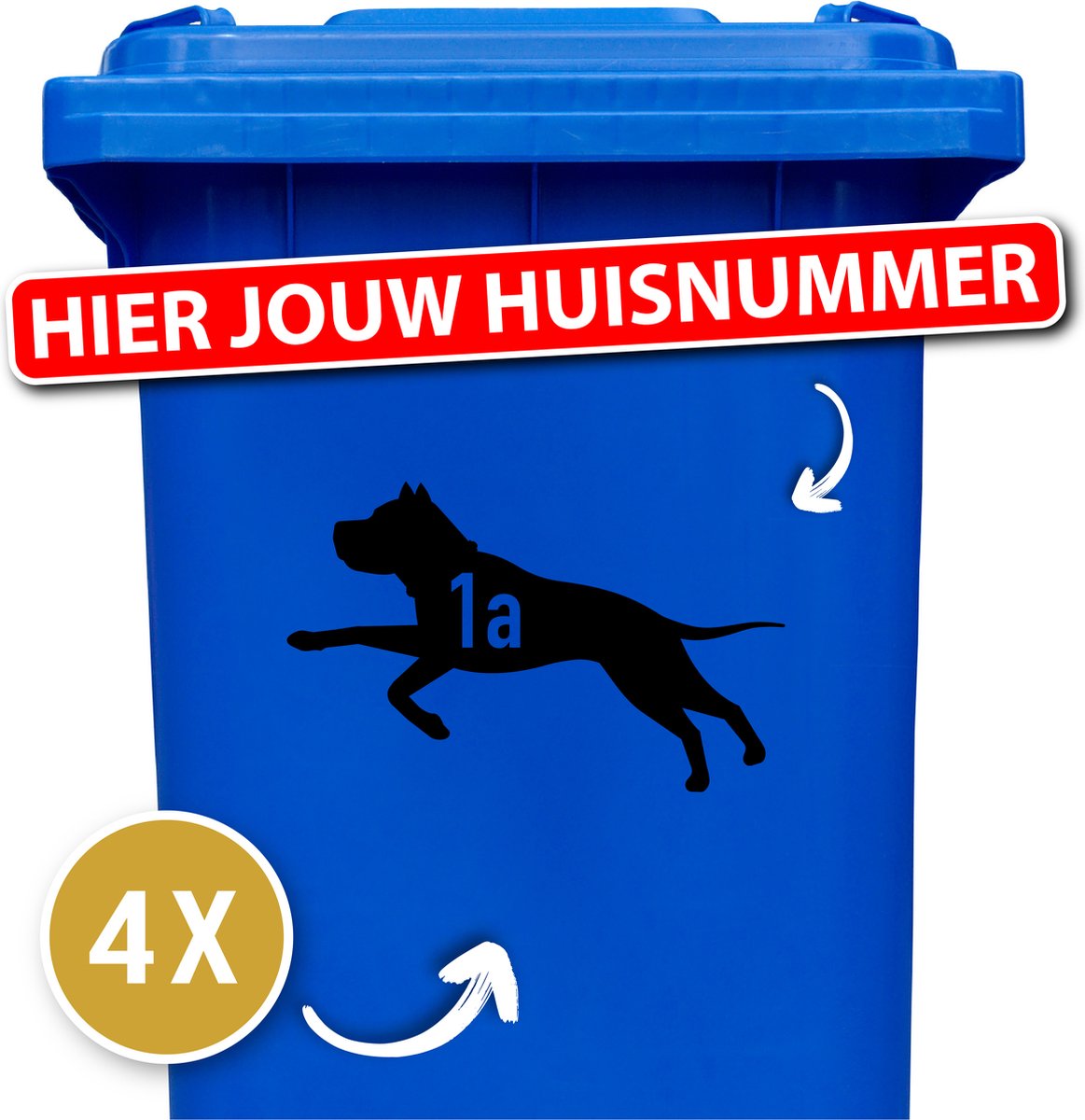 Container sticker - klikostickers - 4 stuks - Pitbull springend - container sticker huisnummer - zwart