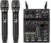 DJ-mengpaneel met twee microfoon,UF4-M Audio Studio Mixer - Digitaal DJ-mengpaneel 4 kanaals Bluetooth Draagbaar Professioneel met Draadloze Microfoon