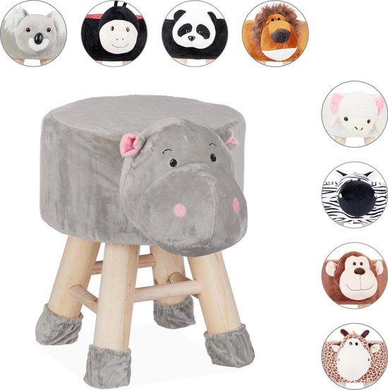 relaxdays Tabouret enfant - pouf enfant - décoration - repose-pieds avec pieds - motif animalier Hippopotame