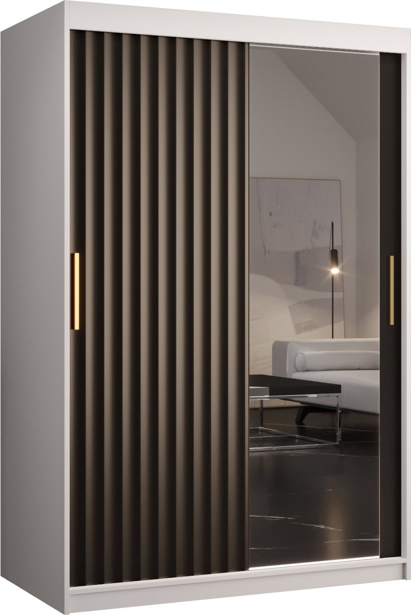 Zweefdeurkast met spiegel Kledingkast met 2 schuifdeuren Garderobekast slaapkamerkast Kledingstang met planken (LxHxP): 120x200x62 cm - Rikid W2 (Wit + Zwart, 120) met lades