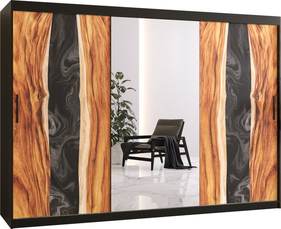 Zweefdeurkast met spiegel Kledingkast met 3 schuifdeuren Garderobekast slaapkamerkast Kledingstang met planken (LxHxP): 250x200x60 cm - Natural II (Zwart, 250) met lades