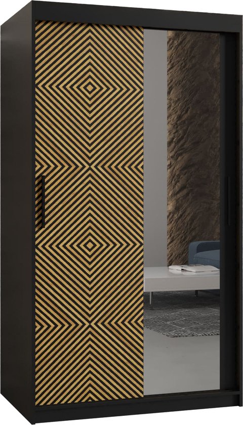 Zweefdeurkast met spiegel Kledingkast met 2 schuifdeuren Garderobekast slaapkamerkast Kledingstang met planken (LxHxP): 100x200x60 cm - Zali II (Zwart, 100) met lades