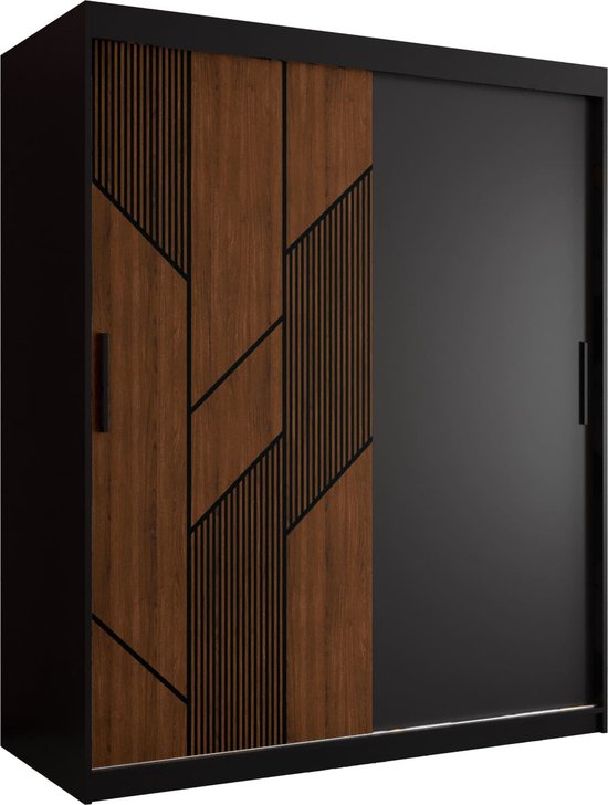 Zweefdeurkast Kledingkast met 2 schuifdeuren Garderobekast slaapkamerkast Kledingstang met planken (LxHxP): 150x200x60 cm - Seiran (Zwart, 150)