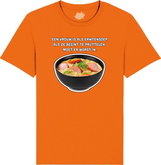 Een vrouw is als erwtensoep - Grappige Tekst Shirt - Mannen Vrouwen Unisex Kleding - Leuke Teksten - Verjaardag Cadeau Idee - Unisex T-Shirt - Oranje - Maat 4XL