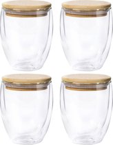 Thermische koffieglazen/theeglazen dubbelwandig - 4x - met bamboe deksel - 250 ml