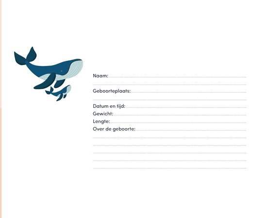 Invulformulier met de titel 'Naam', 'Geboorteplaats', 'Datum en tijd', 'Gewicht', 'Lengte' en 'Over de geboorte'. Illustratie van een blauwe walvis met jong.