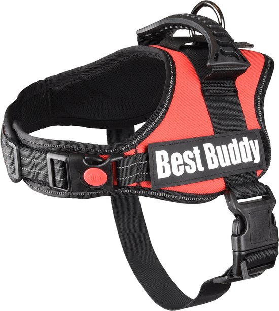Rood hondentuigje met zwarte banden, tekst 'Best Buddy', comfortabele vulling en gespen.