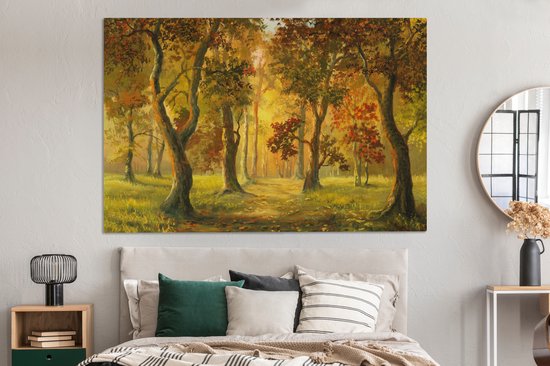 Une illustration d'une forêt au soleil d'automne sur toile 180x120 cm - Tirage photo sur Toile (Décoration murale salon / chambre) / Arbres Peintures sur toile XXL / Groot format!