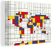 Canvas Wereldkaart - 120x90 - Wanddecoratie Wereldkaart - Mondriaan - Kleuren