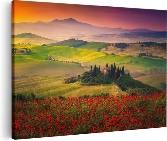 Artaza Tableau sur Toile Champ de Fleurs Rouges en Toscane, Italie - 120x80 - Groot - Photo sur Toile - Décoration murale Salon