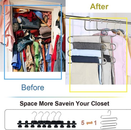 Kledinghangers, Broek Hangers Antislip Ruimtebesparende Hangers 6 Pack S-Vorm Broek Hangers Roestvrij Stalen Kledinghangers Kast Organizer voor Broek Jeans Sjaal Broek Tie Handdoek (6 Pack Grijs)