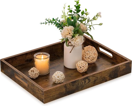 Rectangular Decorative Wooden Tray: Rustic Brown Rectangular Trays, Decor with Cut-Out Handles for Coffee Table, Ottoman Living Room, Kitchen, Home Decor, Large