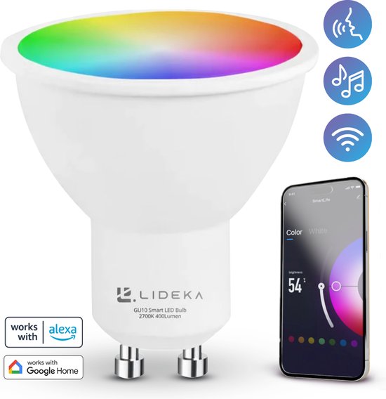 Lideka - LED Lamp GU10 - Spot - RGBW - Warm White - LED Lampen met App - Smart LED Verlichting - Dimbaar - Google en Alexa - 6W - 400 Lumen - 2700K - 6500K
