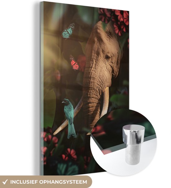 MuchoWow® Glasschilderij 40x60 cm - Schilderij acrylglas - Olifant - Vogel - Vlinder - Jungle - Foto op glas - Schilderijen